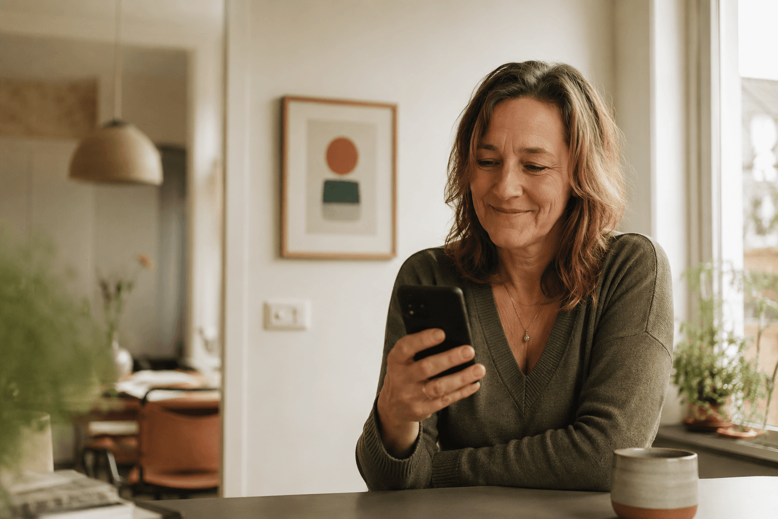 Een vrouw leest thuis glimlachend een update op haar telefoon.