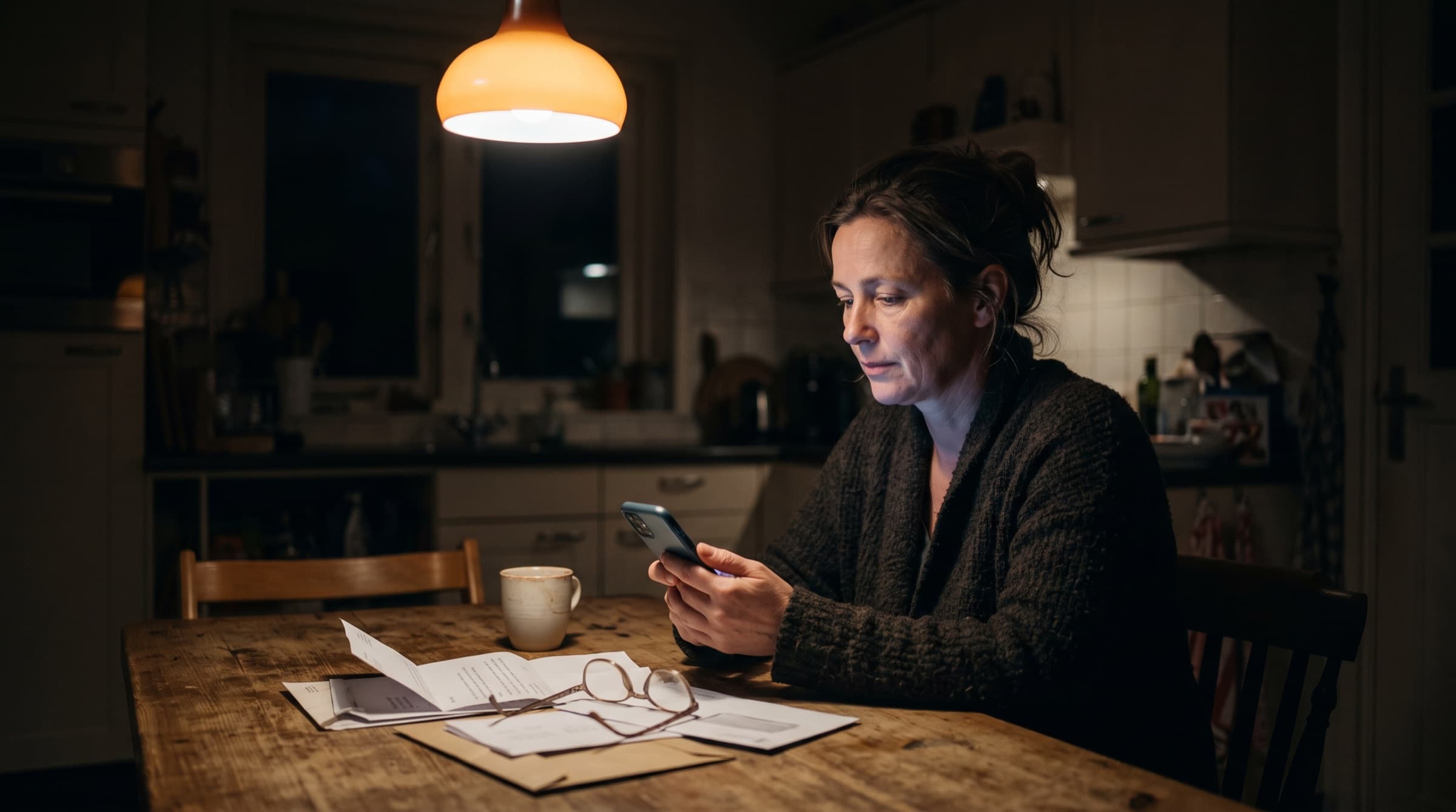 Een vrouw zit 's avonds onder een warme lamp aan de keukentafel met brieven en kijkt op haar telefoon.