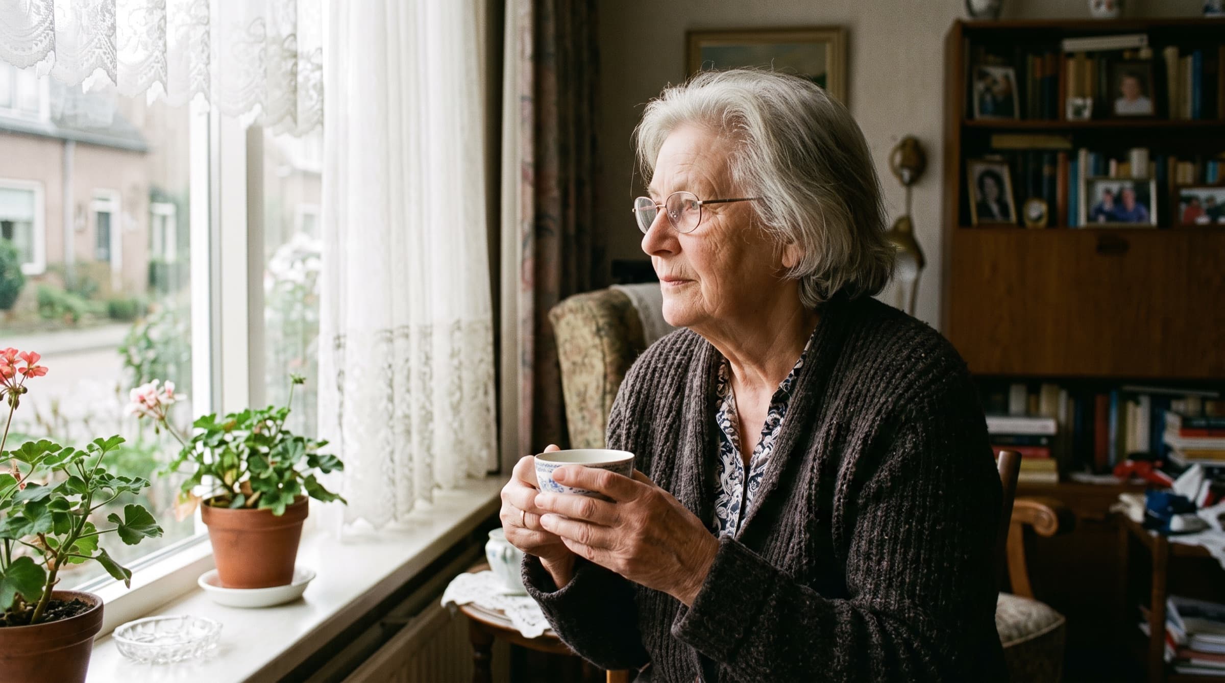 Een oudere vrouw zit bij het raam in het ochtendlicht met een kop thee.