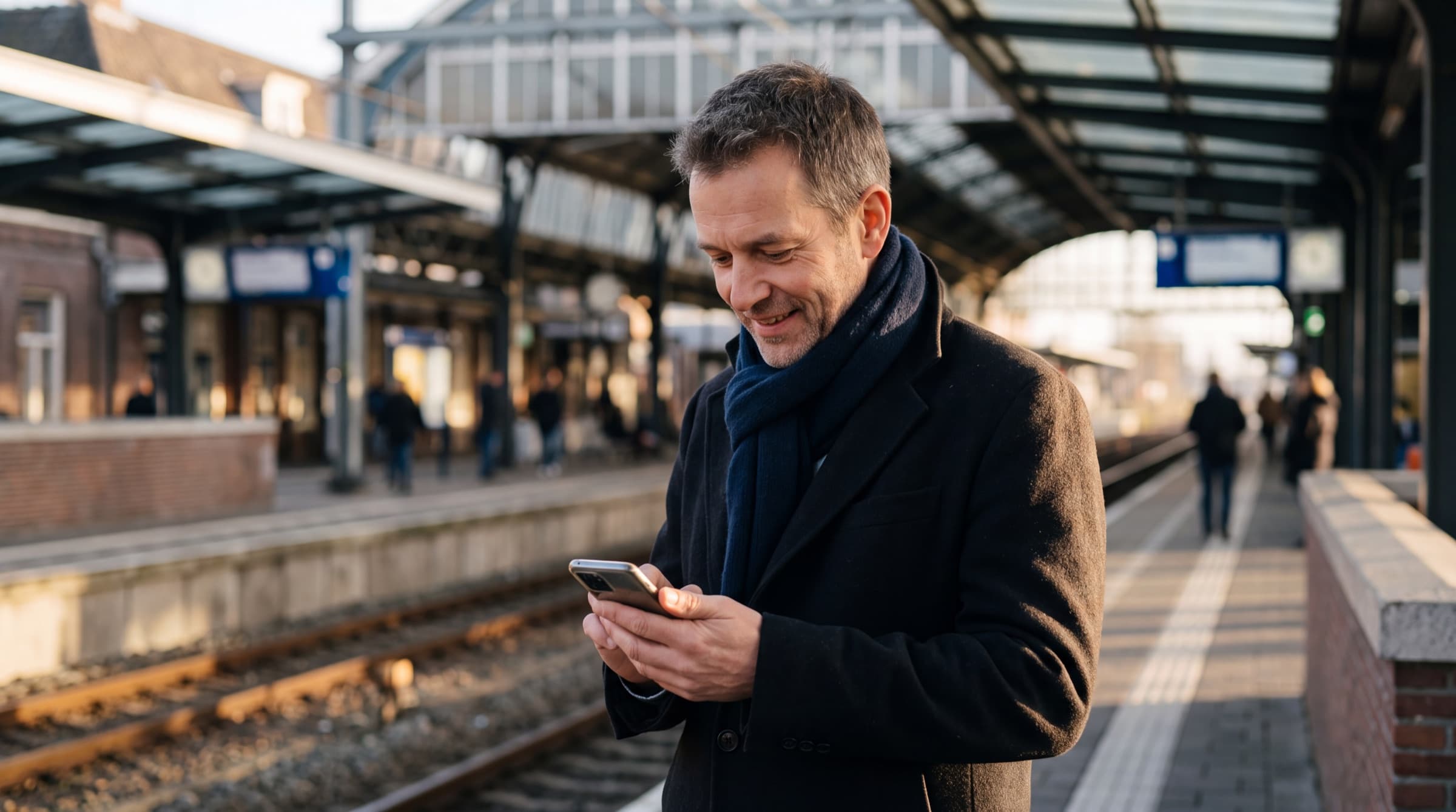 Een man op een treinperron in de lage zon leest glimlachend op zijn telefoon.